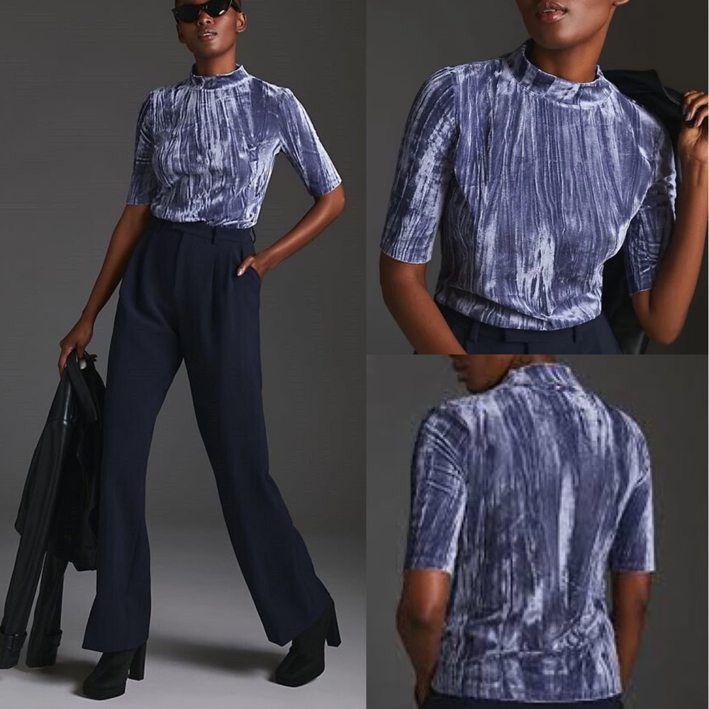 Anthropologie Pilcro Velveteen Mock-Neck Top Slate Blue Size Small